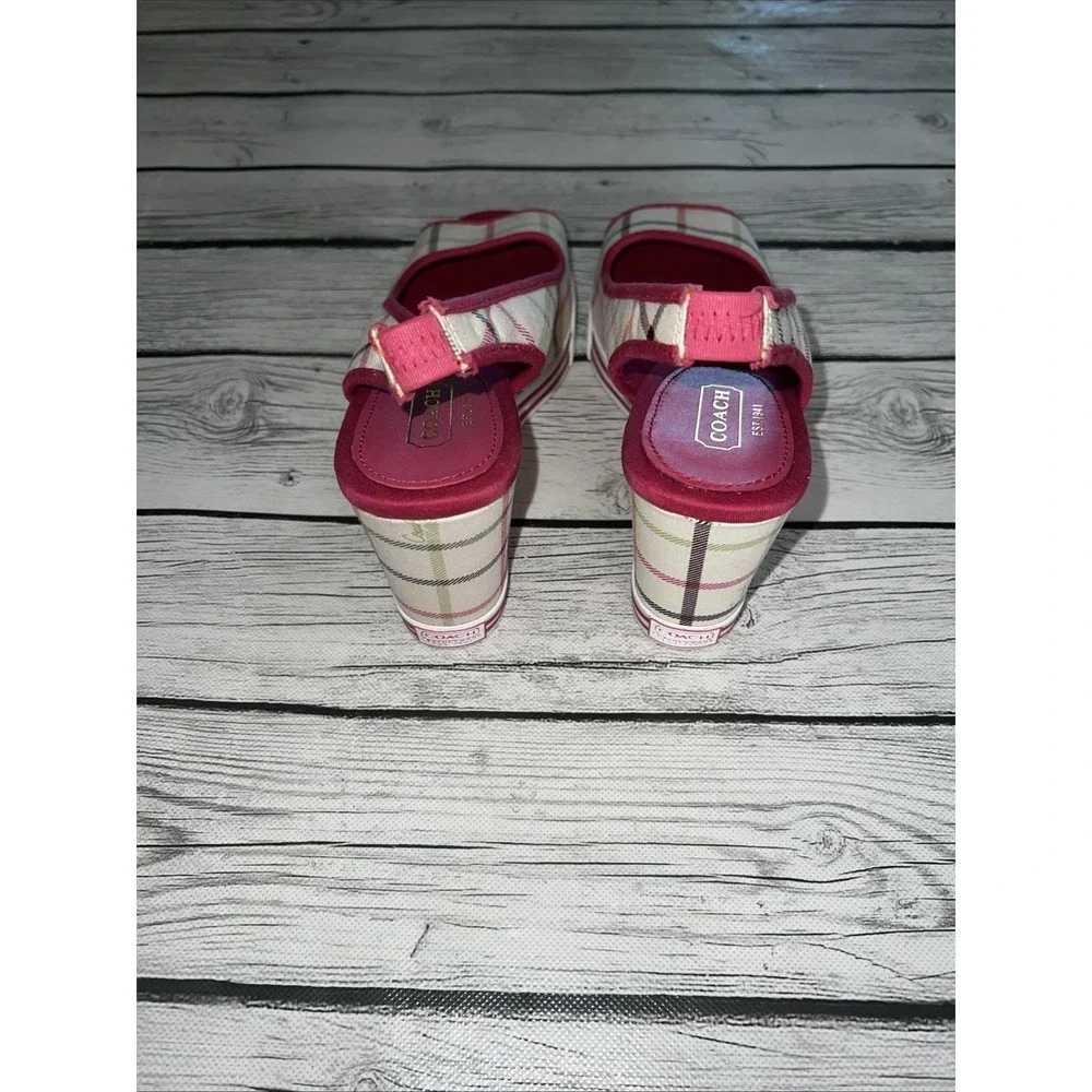 Coach Syndney White w Multicolor Stripes Hot Pink Trim w Wedge Sand Womens 9